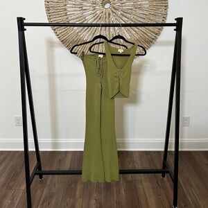 CAMILA COELHO ARTEMIS LACE UP KNIT TOP IN ROSEMARY GREEN TOP AND BOTTOM